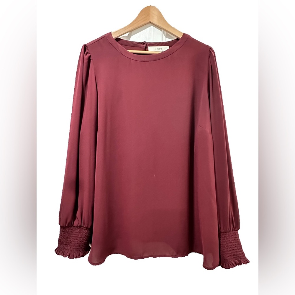 LOFT long sleeve blouse with smocked sleeve detail.